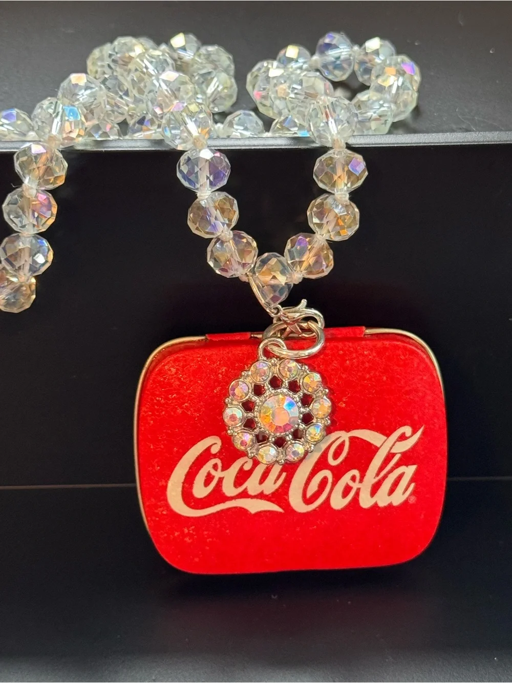 Handmade Coca‑Cola Pendant Necklace • Iridescent Beads • Upcycled Jewelry
